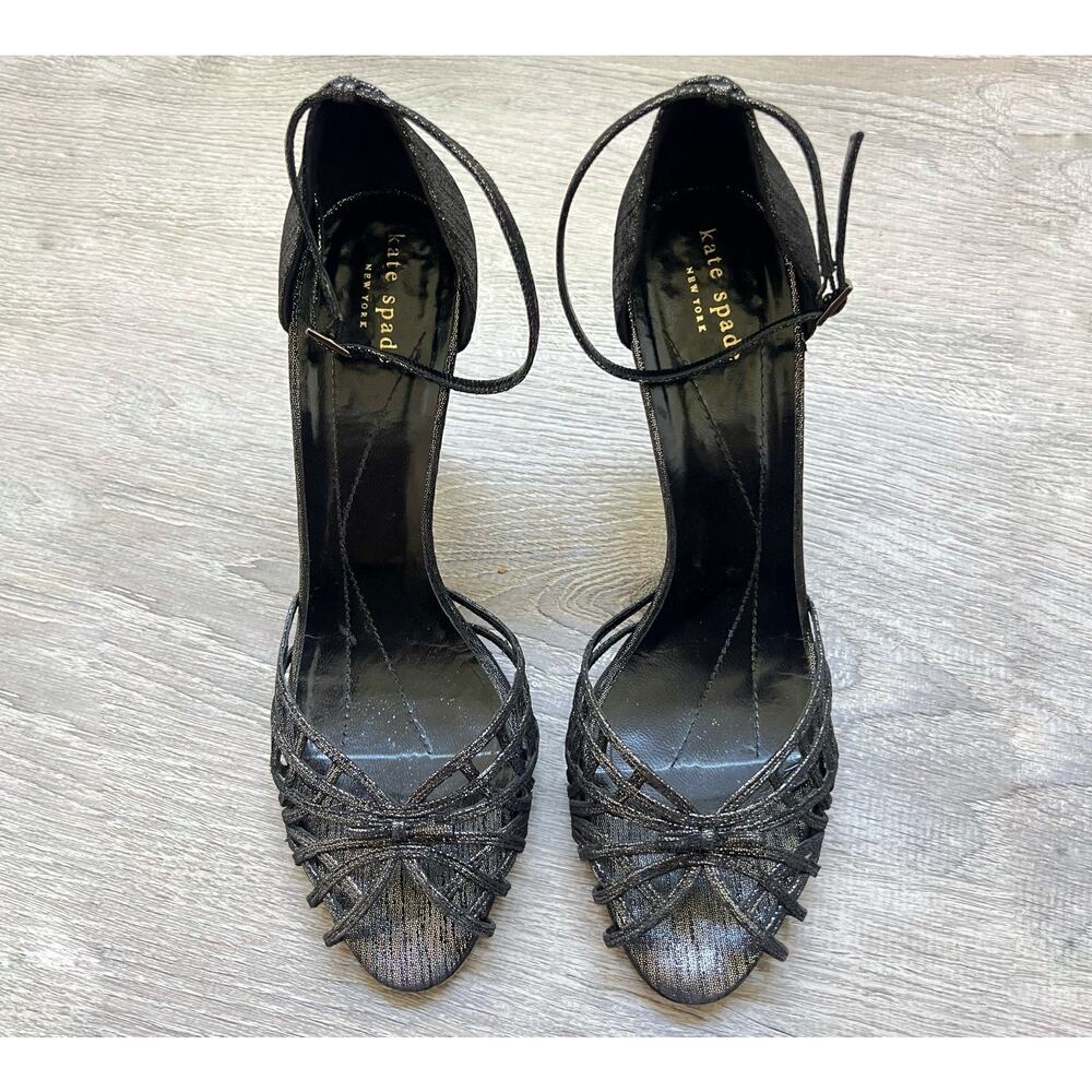KATE SPADE Sz 10 Black Leather Strappy Heels Cage Peep Toe Ankle Strap Shoes
